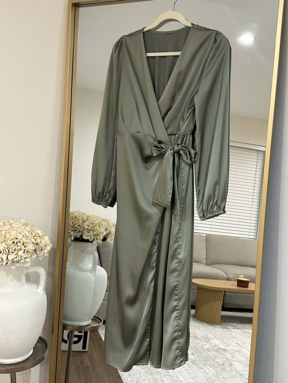 Batwing Sleeve Knot Side Wrap Satin Dress Size S